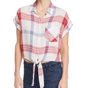 Rails Amelie Carmine Linen Blend Tie Front Shirt in Blue White Red